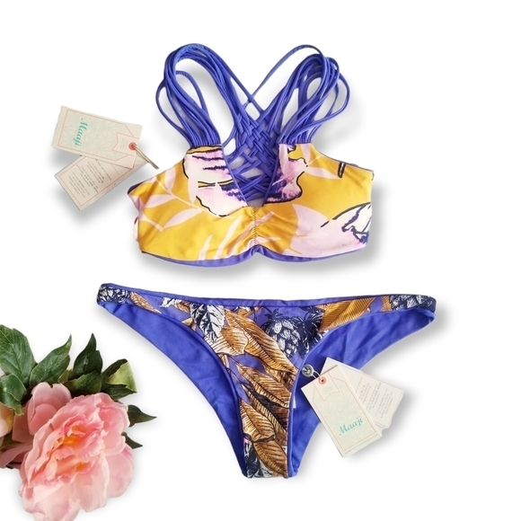 Maaji Blue Floral Reversible Strappy Cheeky Bikini Set S M - Picture 1 of 13